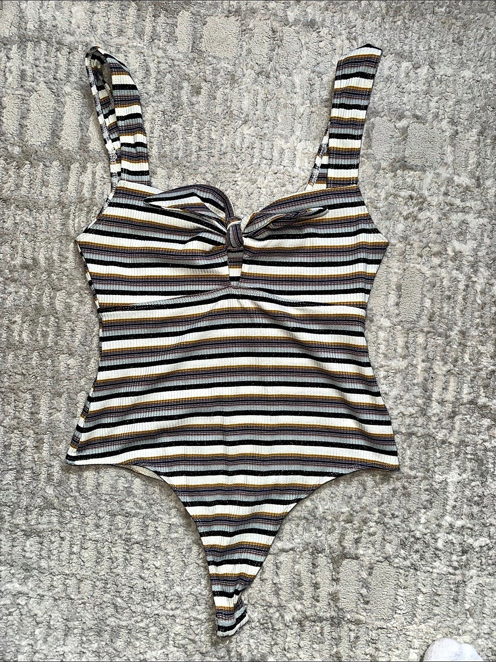 ASTR The Label Striped Bodysuit in White & Brown/Gold & Blue Medium Like New